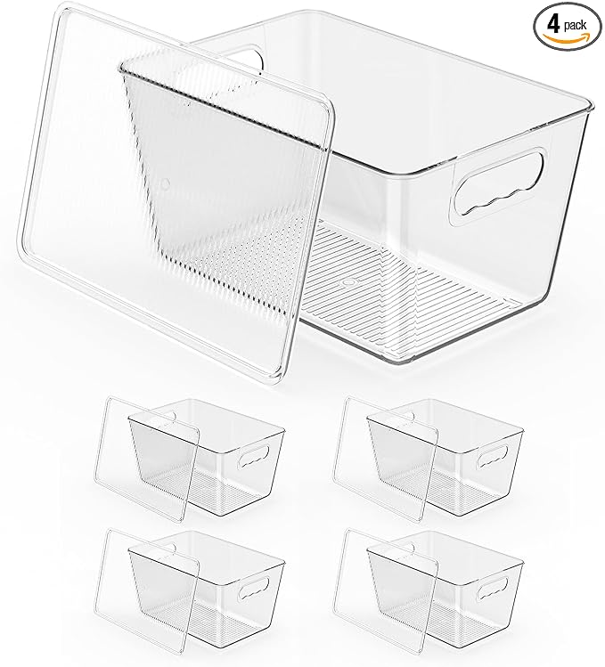 Clear Plastic Storage Bins, Pantry Organizers & Storage Containers, Cabinet Organizer, Home Organization Must Haves for Kitchen, Laundry Room, Office, Closet & Freezer (4 Pack with Lids)