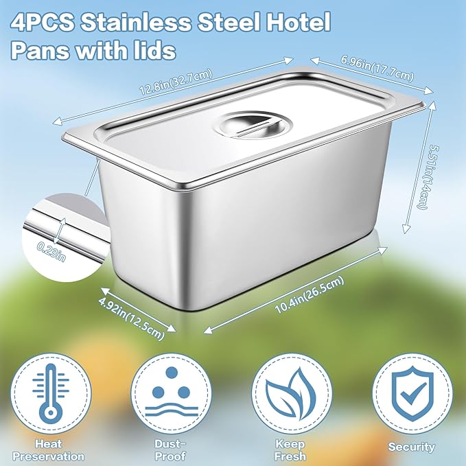 4 Pack hotel pans with lids 1/3 Size x 6 Inch Deep stainless steel steam table pan Commercial Gauge restaurant supplies Anti Rust metal food containers Catering storage for Party, Buffet, Home