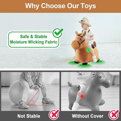 iPlay, iLearn Bouncy Pals Brown Hopping Horse, Toddler Plush Animal Hopper Toy, Kids Inflatable Ride on Bouncer W/Pump, Indoor Outdoor Jumper, Birthday Gifts for 18 24 Months 2 3 Year Old Boys Girls