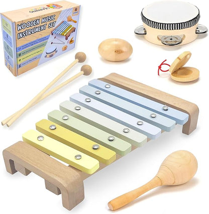 Natural Wood Baby Toys - Musical Toys for Toddlers 1-3: Toddler Musical Instruments Set of 5 in 1, with a Tambourine, Egg Shaker, Castanet, Maracas and Xylophone for Kids at All Ages