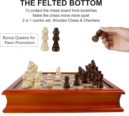 Juegoal 12-Inch Wooden Chess & Checkers Set with Storage Drawer, Portable Board Games for Kids and Adults