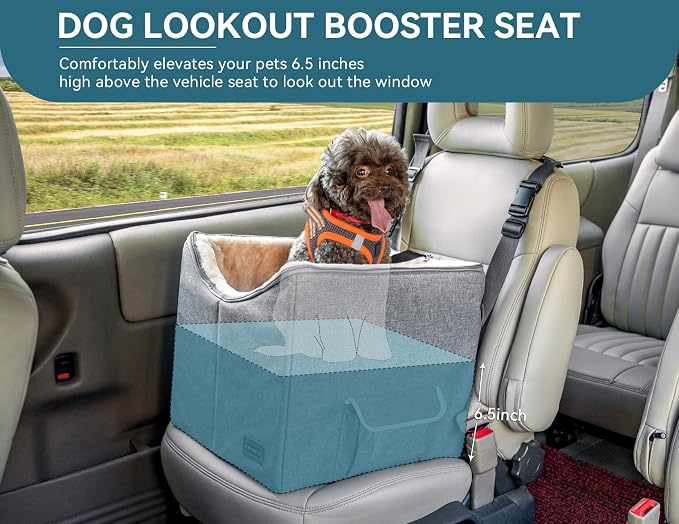 Petsfit Small Dog Car Seat, Pet Travel Car Booster Seat with Safety Belt, Washable Double-Sided Cushion and Storage Pocket for Small Pet (Small, Light Grey)