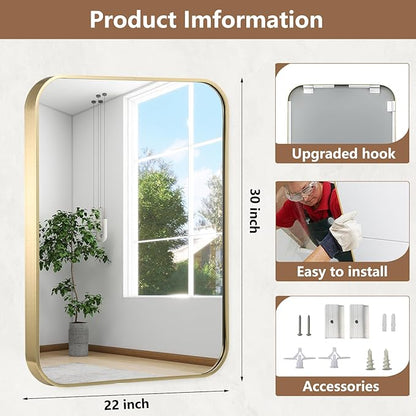 22x30 Inch Gold Bathroom Mirror, Brushed Gold Metal Framed Rectangular Mirror