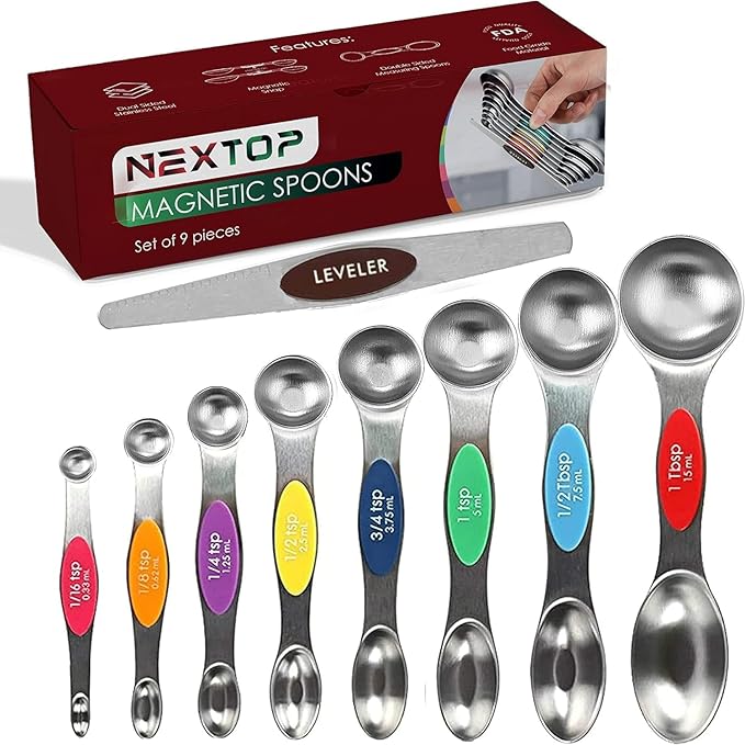 Magnetic Measuring Spoons Set of 9 Stainless Steel Dual-Sided Stackable