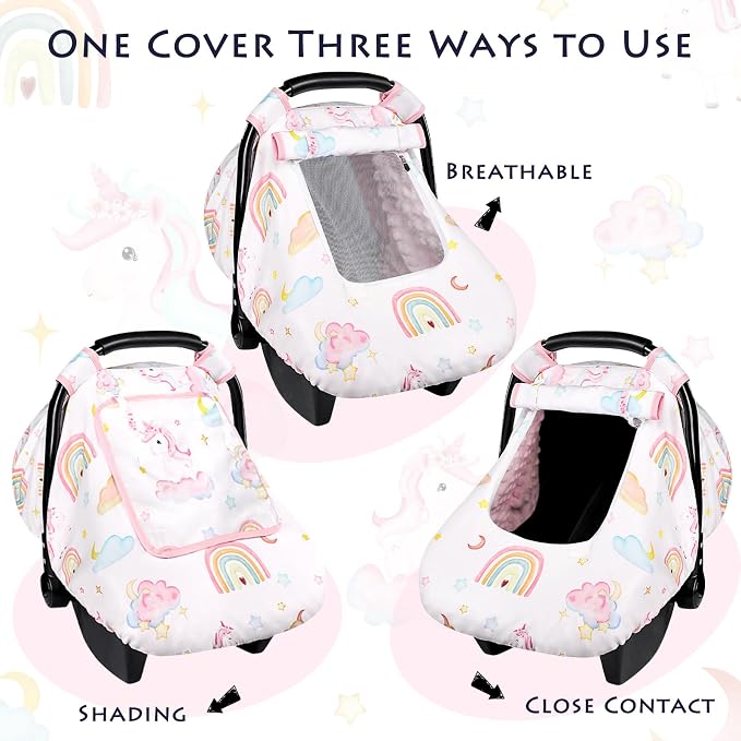Baby Carseat Cover Girls, Pea Pod Unicorn Infant Car Seat Covers Canopy for Newborn with 2 Layers Windows of Breathable Mesh/Fabric, Lightweight Polyester/Minky Dot Backing, Snug Fit
