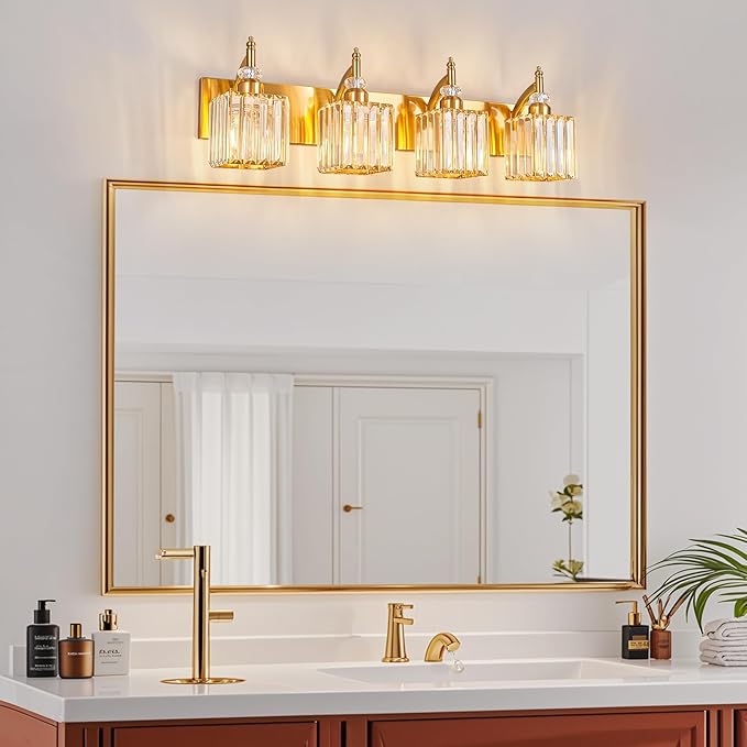 BBLLWJ Modern Bathroom Vanity Light 4-Light Gold Crystal Light Fixtures Over