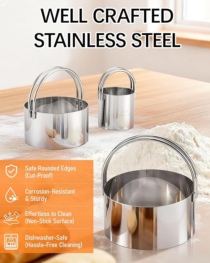 Biscuit Cutter Set with Handle, 3 Piece Stainless Steel Round Cookie Cutter Tool