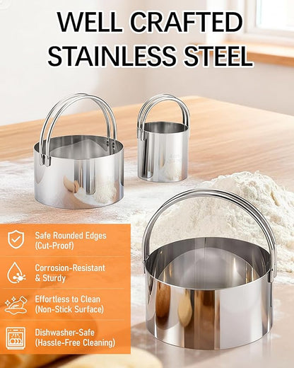 Biscuit Cutter Set with Handle, 3 Piece Stainless Steel Round Cookie Cutter Tool