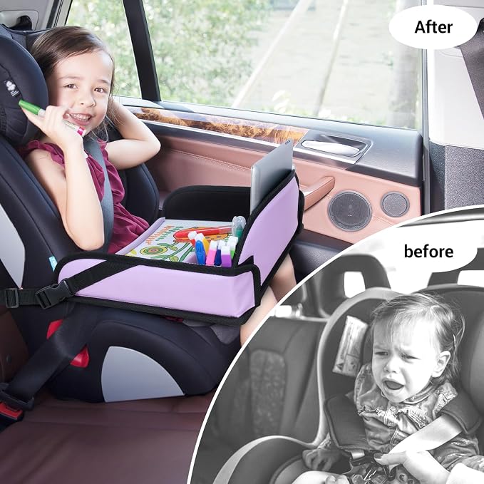 COOLBEBE Kids Travel Tray for Car Seats, Toddler Lap Desk with Dry Erase Surface, Portable Activity Table for Road Trips, Snack & Play Tray (Purple)
