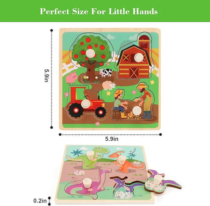 Wooden Peg Puzzles for Toddlers 1-3, Kids' Educational Preschool Peg Puzzle Toy, Set of 4 Toddler Puzzles - Farm, Dinosaur, Fruit and Marine Animals, Ideal Gift for Ages 1 2 3 Boys and Girls