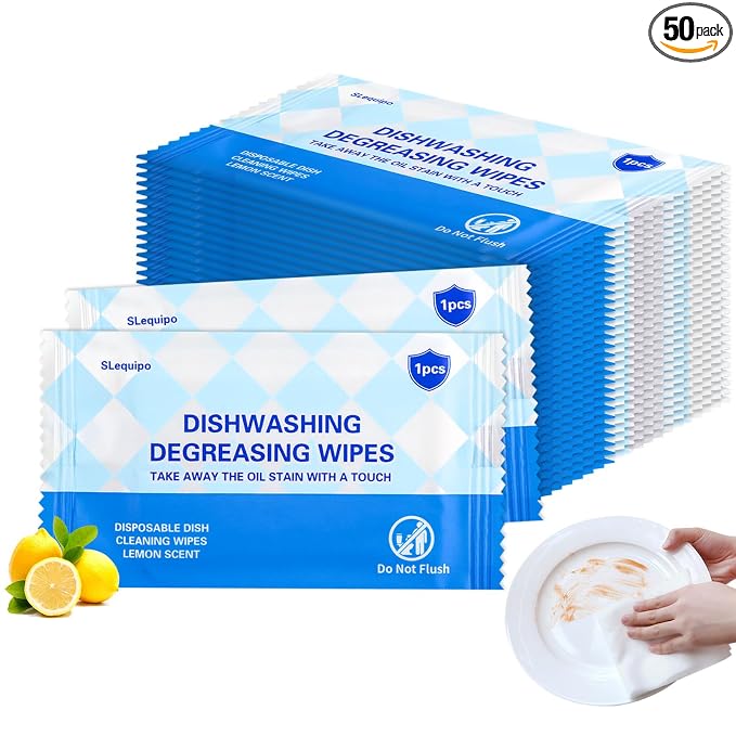 50 Pcs Dish Cleaning Wipes Individually Wrapped Travel Dish Soap Wipes,Portable Cleaning Wipes Disposable Wipes for Kitchen Outdoor Traveling Camping Quick Clean,Lemon Scent