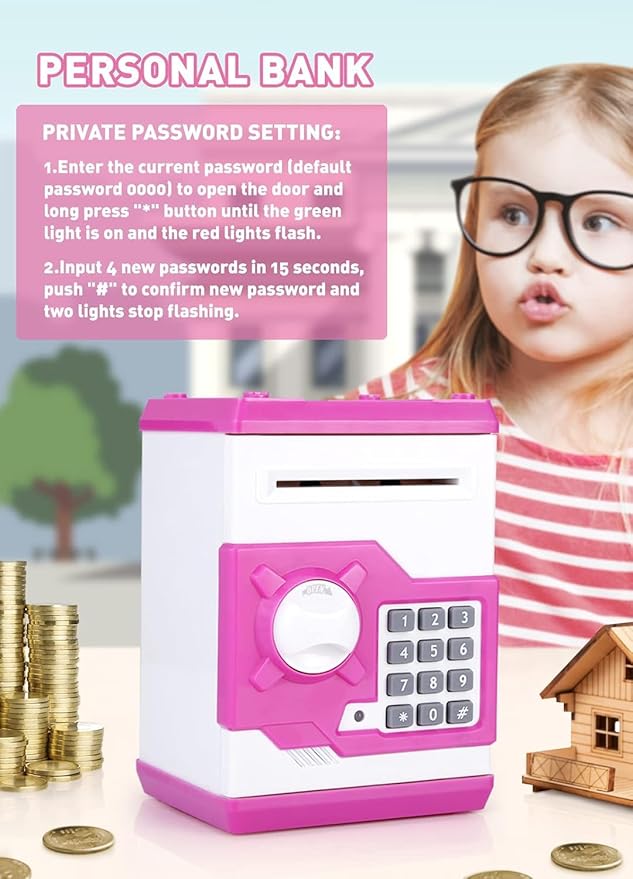Piggy Bank for Girls Boys Large Electronic Money Coin Banks with Password Protection, Automatic Paper Money Scroll Saving Box, Great Gift for Kids (Pink-White)