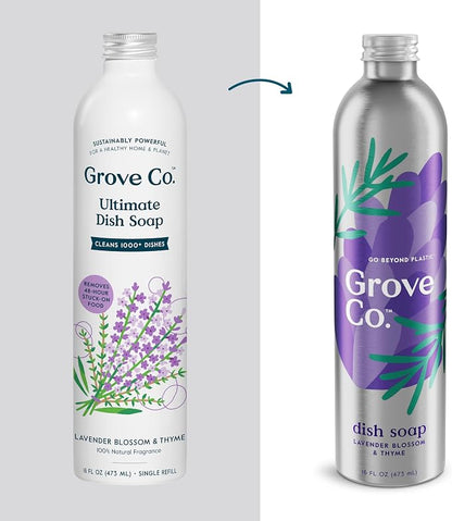 Grove Co. Dish Soap, 3 x 16 fl oz Refills + Refillable Glass Dispenser | Lavender Blossom & Thyme; Plastic-Free; Reusable dispenser; Refill format; Removes Stuck on Food; 98% plant-based ingredients