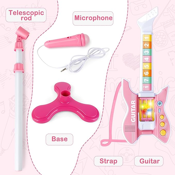 deAO Kids Guitar and Microphone Set with Stand Adjustable Height Music Light Karaoke Music Toys Christmas Birthday Gift for Kids Boys Girls (Pink)