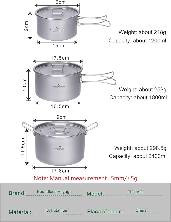 iBasingo 1.2L+1.8L+2.4L Titanium Pots Set with Lid Camping Cookware with Foldable Handle Portable Lightweight Cooking Kit Outdoor Kitchen Cooking Kit for Backpacking Hiking Picnic Fishing Ti2109C
