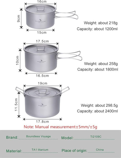 iBasingo 1.2L+1.8L+2.4L Titanium Pots Set with Lid Camping Cookware with Foldable Handle Portable Lightweight Cooking Kit Outdoor Kitchen Cooking Kit for Backpacking Hiking Picnic Fishing Ti2109C