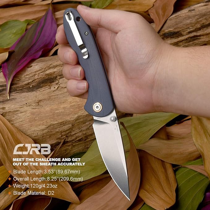CJRB Folding Knife Feldspar Pocket Folding Knife Stonewash D2 Steel Blade G10 Tactical Handle EDC Knife,Blue Handle-Large(J1912)