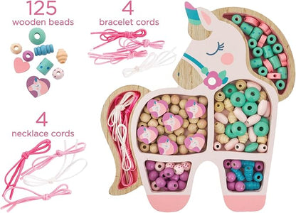 Stephen Joseph, Wooden Bead Kit for Kids, 125 Wooden Beads with 4 Necklace and 4 Bracelet Cords with Reusable Wooden Tray, Premium Wood Jewelry Making Kit for Kids, Mermaid