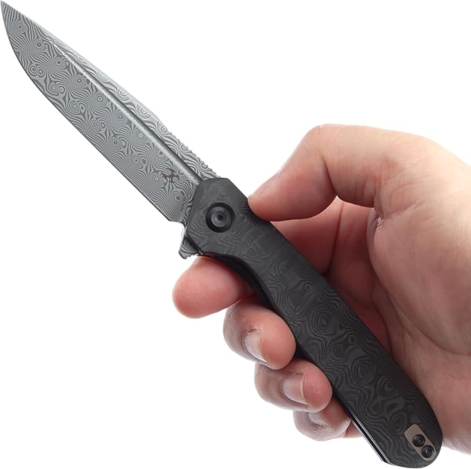 KANSEPT Qilin Pocket Knife,3.24'' Damascus Sharp Blade, Black Rose Carbon Fiber Handle for Edc, Flipper and Liner Lock with Double-Sided Clip, Men Camping Survival Folding Knives K1047A2