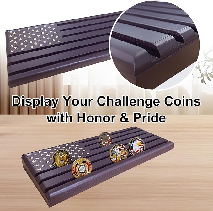 6-Row Military Challenge Coin Display Stand - Challenge Coin Holder with Rustic, Coin Holders for Collectors Organize Medals & Memorabilia - Coin Holder for Home, Office, Showcase (Holds 30-36 Coins, American Flag ) (Brown)