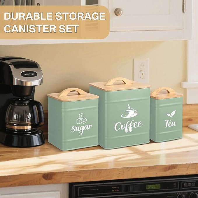Maxdot 3 Set Coffee Sugar Tea Containers, Square Airtight Kitchen Canisters