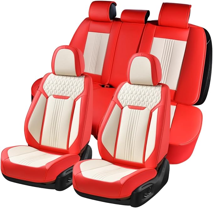 Coverado Car Seat Covers Full Set, Front and Rear Seat Covers, 5 Seats Leather Seat Covers for Cars, Waterproof Car Seat Protectors, Automotive Seat Cushions, Universal Fit for Most Cars, Red&White