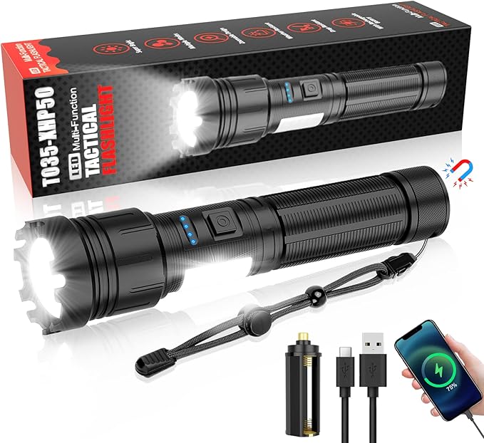 LED Magnetic Flashlight High Lumens Rechargeable, Super Bright Small Tactical Flashlights with COB Work Light, Type C, Zoomable, 7 Modes, IPX7 Waterproof Handheld Flash Light for Camping