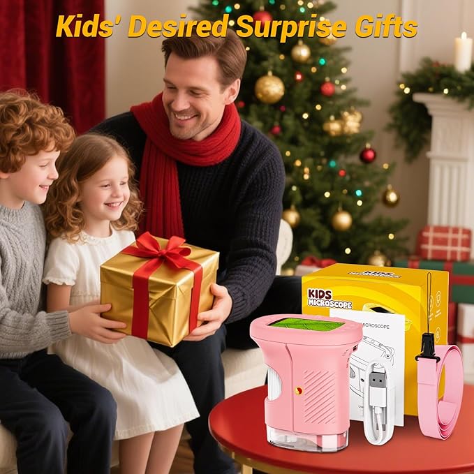 2.4" Screen Pocket Kids Microscope: 1000X Handheld Microscope for Photo and Video - Portable Science Kits STEM Toys – Christmas/Birthday Gifts for Girls & Boys Ages 3-12(Pink)