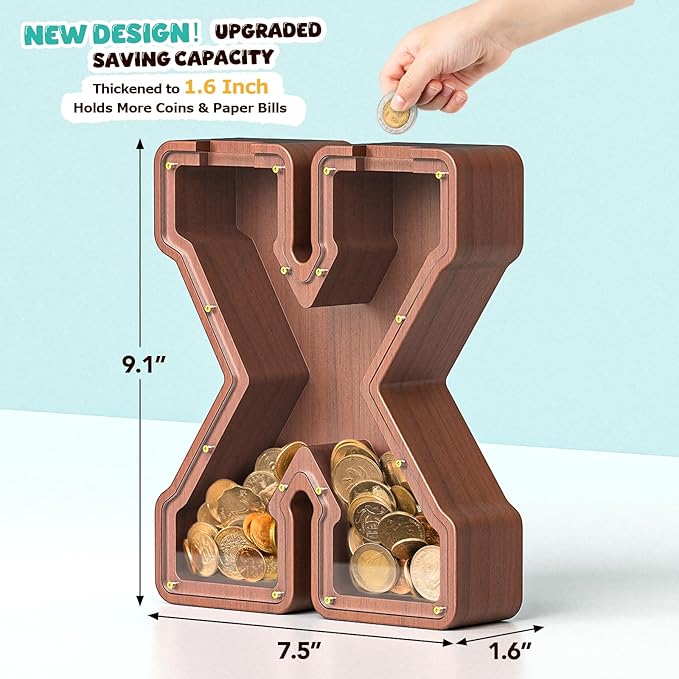Summidate Wooden Letter Piggy Bank, Extra Thick Large Capacity Piggy Bank for Kids Boys Girls Toddler, Alphabet X Money Bank| Coin Box Birthday, Christmas, Festival