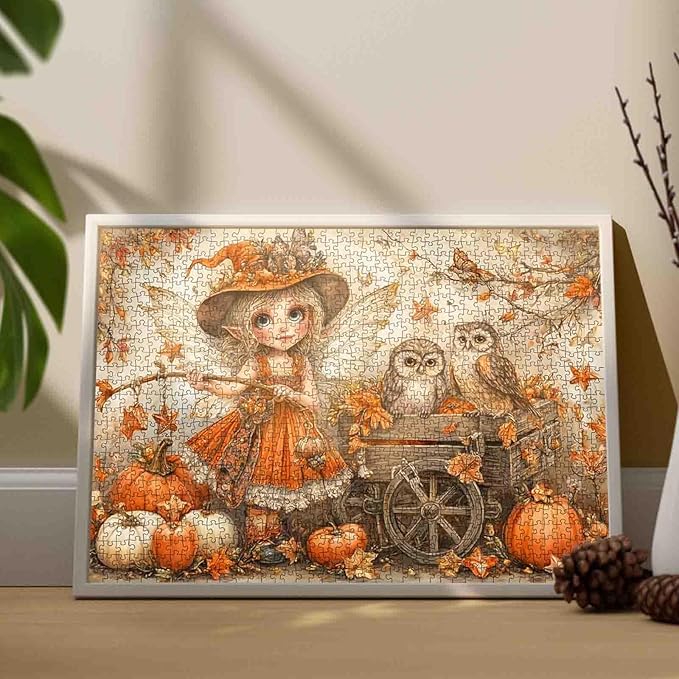 Autumn Fairy 1000 Piece Jigsaw Puzzle for Adults Pumpkins and Owls Whimsical Fall Forest Puzzles Fantasy Woodland Puzzle for Family Games Cozy Halloween Challenging Aesthetic Puzzle Gift Home Decor