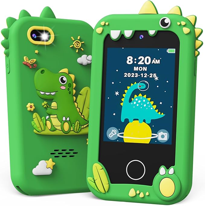 KOKODI Kids Smart Phone Toys, Touchscreen HD Dual Camera Cell Phone for Kids, Birthday Gifts Dinosaur Child Play Phone for Boys 3-10, Travel Preschool Learning Toy (Green)