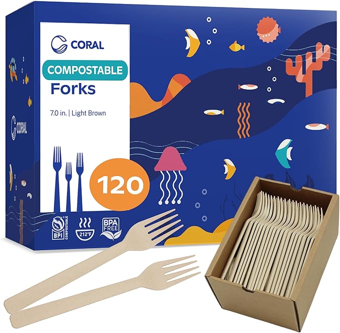 CORAL Light Brown 100% Compostable Forks - 120 Heavy Duty Forks (7.0 inch) - Break Resistant with Smooth Edges, Ocean Friendly Alternative to Plastic Silverware - Biodegradable & Disposable Forks