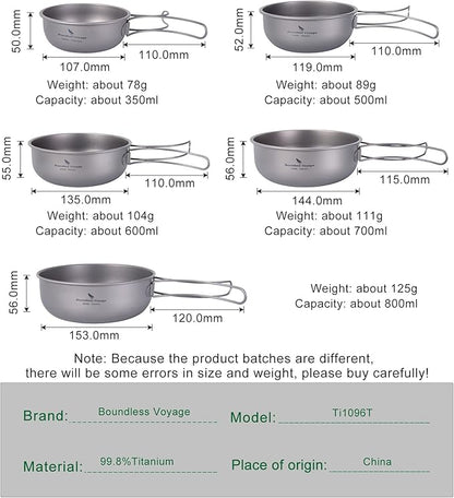 Boundless Voyage Titanium Bowls Dishes Set with Folding Handle Lightweight Portable Plates Saucers Tableware for Outdoor Camping Hiking Backpacking Ti1096T