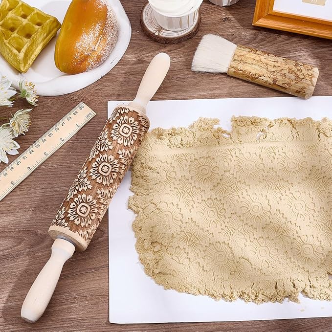 Embossed Wooden Rolling Pin Flower Print 35cm Rolling Pin