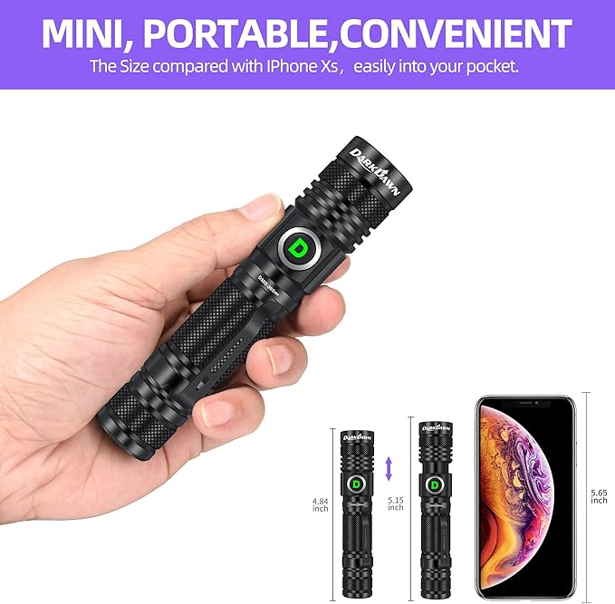DARKDAWN UV 395nm Light Flashlight USB Rechargeable Ultraviolet LED Woods Lamp Portable Blacklight for cat Urine Detection Dry Stains, Uranium Glass, Resin Curing, D300 395 nm
