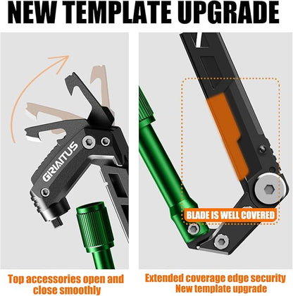 Carabiner Multitool with Pocket Knives, EDC Carabiners, Serrated Knife, Rope Cutter, Screwdriver, Can Bottle Opener, Ruler, Folding Knife for Camping Hiking, Gifts for Men (Green)