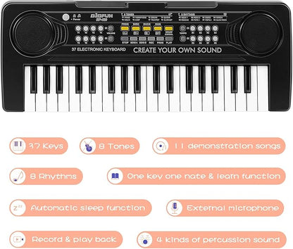 Raimy 37 Keys Piano Keyboard for Kids, Portable Keyboard Piano Early Learning Educational Electronic Musical Instrument Toys Gifts for 3 4 5 6 7 8 9 Year Old Boys and Girls (Black)