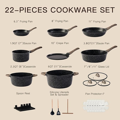 Pots and Pans Set Nonstick 22 Pcs, Ceramic cookware set Non-Toxic Coating Inky