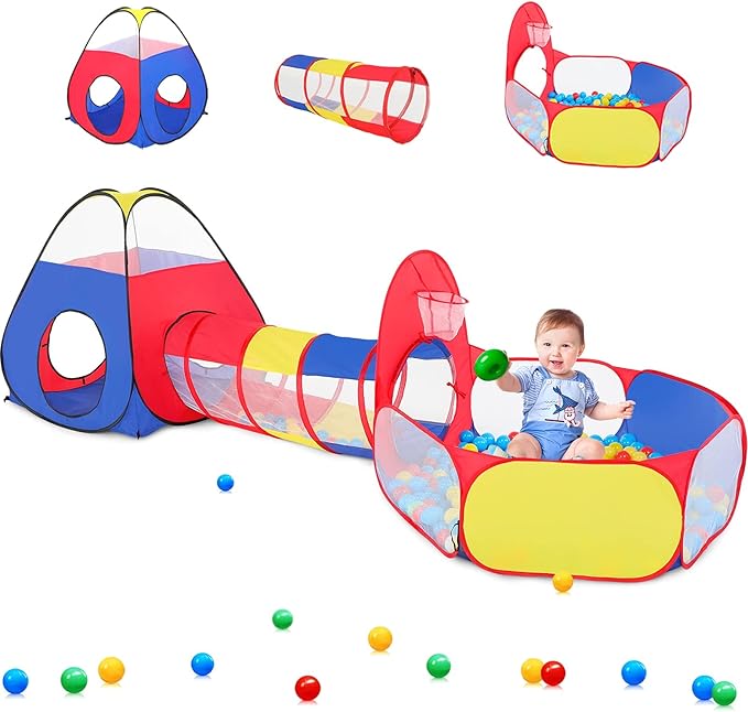 PigPigPen 3 in 1 Kids Play Tent with Play Tunnel, Ball Pit, Basketball Hoop for Boys & Girls, Toddler Pop Up Playhouse Toy for Baby Indoor/Outdoor, Gift for Year Old Child (Colorful 3pc Play Tent)