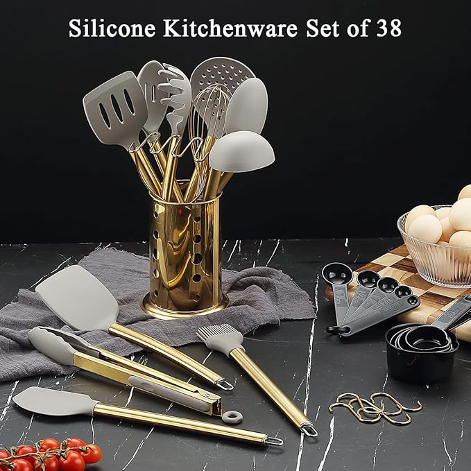 Gold Kitchen Utensils Set, Kyraton 38 Pieces Non-Stick Silicone Cooking Utensils Set, Spoon Spatula Set with Sturdy Stainless Steel Utensil Holder, Dishwasher Safe