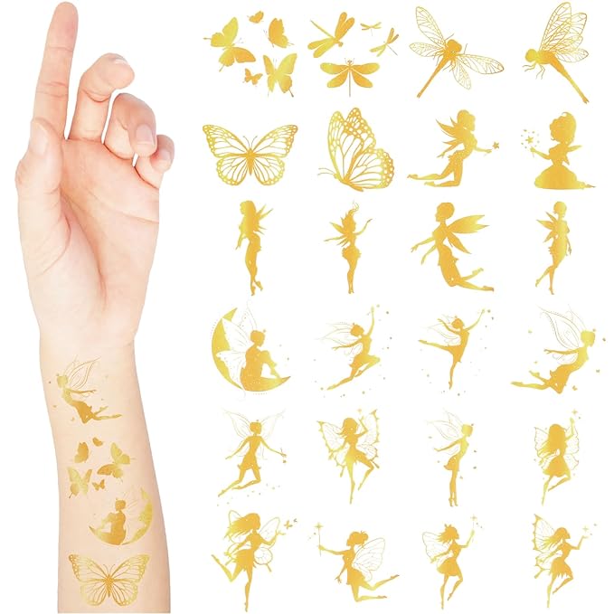 Landhoow 240 Pcs Fairy Foil Tattoos Temporary for Kids Glitter Face Tattoos Cool Body Sticker Costume Accessory for Adults Boys Girls Party Favor