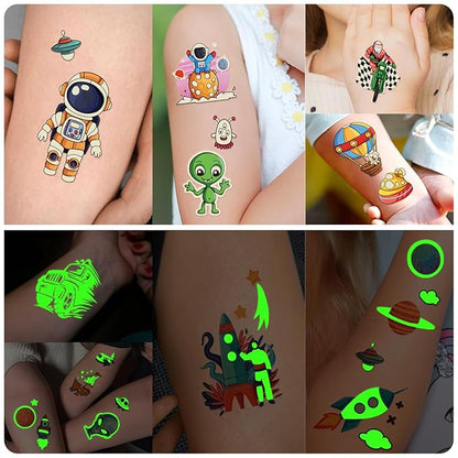 Temporary Tattoo for Kids, Space and Vehicle Glow In Dark Tattoos, 250+ Patterns Luminous Fake Tattoo Sticker，Planet Astronaut Spaceship Alien Plane Car 36 Sheets Long Lasting Tattoo for Party Supply