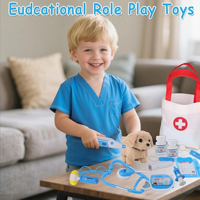 TEUVO Toy Doctor Kit for Girls, Pretend Play Doctor Set with Dog Toy, Carrying Bag, Stethoscope, Dress Up Costume, Toys Doctor Play Birthday Gift for Kids Toddlers 1 2 3 4 5 6 7 Year Old for Role Play