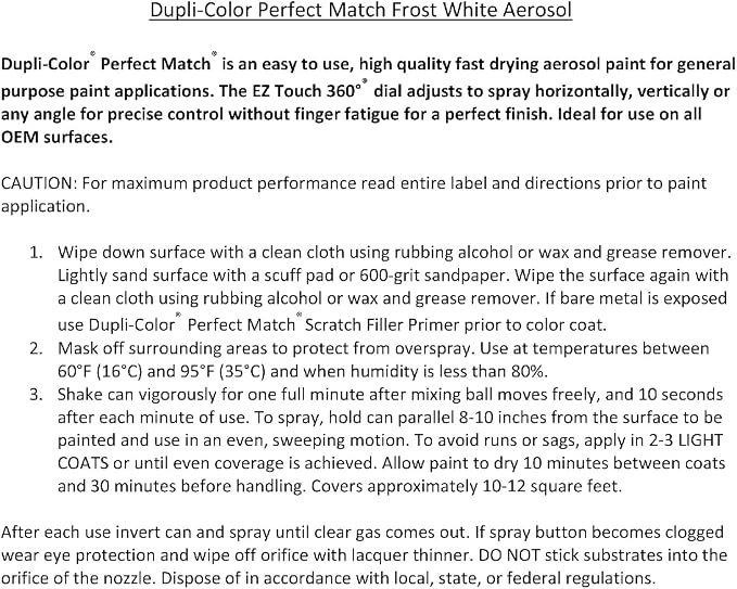 Dupli-Color EBHA09507 Perfect Match Automotive Spray Paint – Honda Frost White, NH538 – 8 oz. Aerosol Can