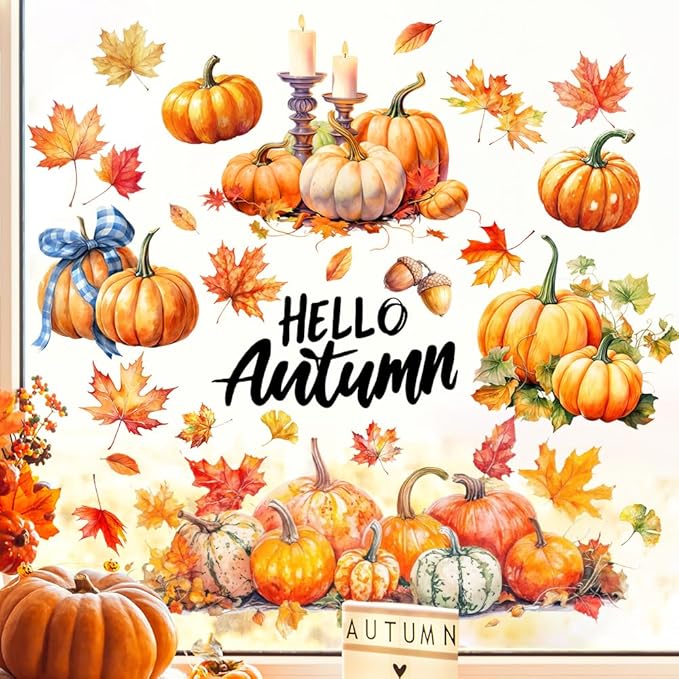 Autumn Window Decals Decorations Kit - Hello Autumn, Maple Leaf, Flower Pumpkin Designs | Reusable Static Cling for Home, Office Glass Fall Decor