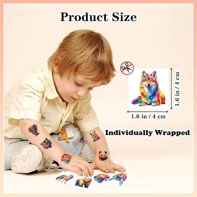 102 PCS Individually Wrapped Watercolor Animals Temporary Tattoo for kids - Cute Animals Temporary for Girls Boy Body Arm Shoulder Cute Tattoos Stickers, Birthday Party Supplies Gifts for Kids