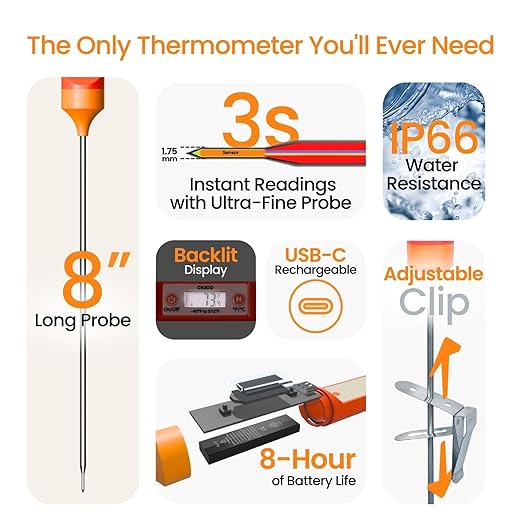 AI Bluetooth Candy & Meat Thermometer with 20+ Presets, Smart Alerts via App (Type-C Rechargeable) Digital Instant Reading for Candy Making, BBQ, Deep Frying, & Liquids, 8" Long Probe,CT180-BT