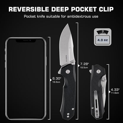 EDC Pocket Knife Rhino,3" D2 Steel Blade Durable G10 Handle, Folding Pocket Knives with Reversible Pocket Clip, Sharp Camping Hiking Pocket Knife for Men