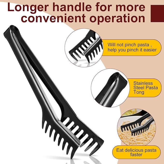 Patelai 2 Pcs Stainless Steel Pasta Spoon with Teeth Large Spaghetti Utensil, 9.4'' Tong and 13.6'' Pasta Fork with Vacuum Handle, Comfortable Grip Design Spoons for Kitchen(Black)
