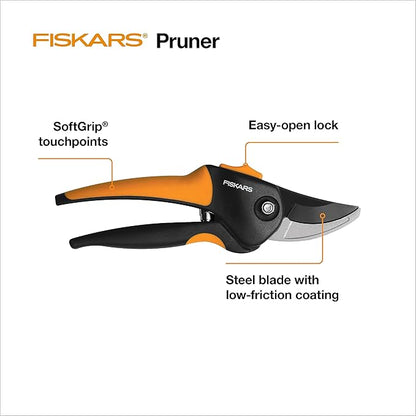 Fiskars Bypass Pruning Shears, Branch Cutter with 5/8" Cut Capacity, Garden Shears with Sharp Steel Blade, Rust Resistant, Ergonomic Pruners with Comfort Handle and Safety Lock, Gardening Hand Tools